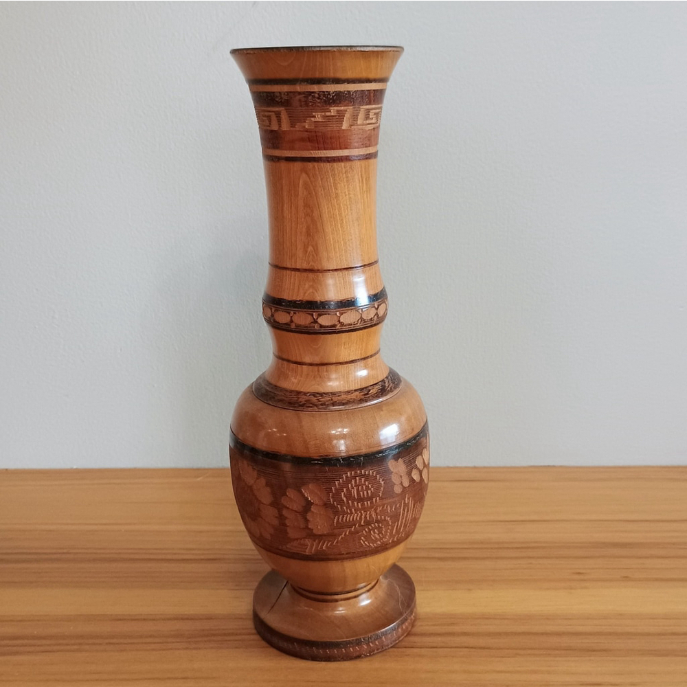 Vintage Hand Carved Cozumel Wood Vase Floral Design Mexican Folk Art 10" REPAIR